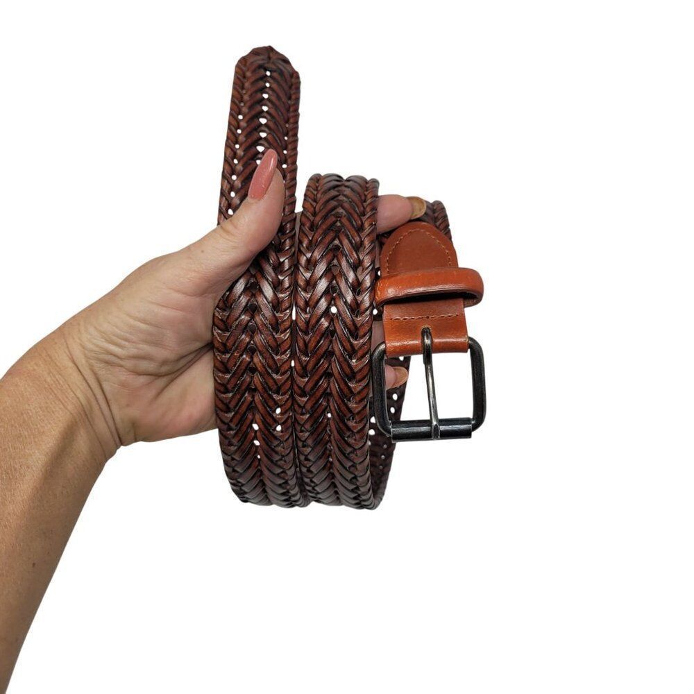 Vtg Mens Braided Genuine Leather Belt Sz 44‎ Cognac Black Weaved Western Country